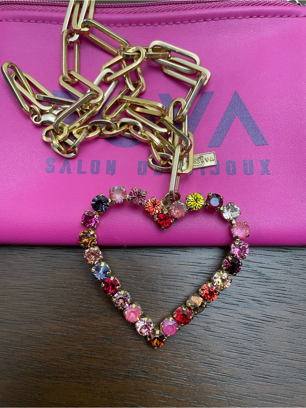 TOVA LARGE Crystal Heart Pendant Necklace with Gold Chain - Multicolor